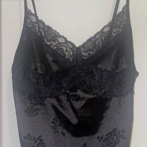 Silk Black Floral Lace Trim Slip Dress